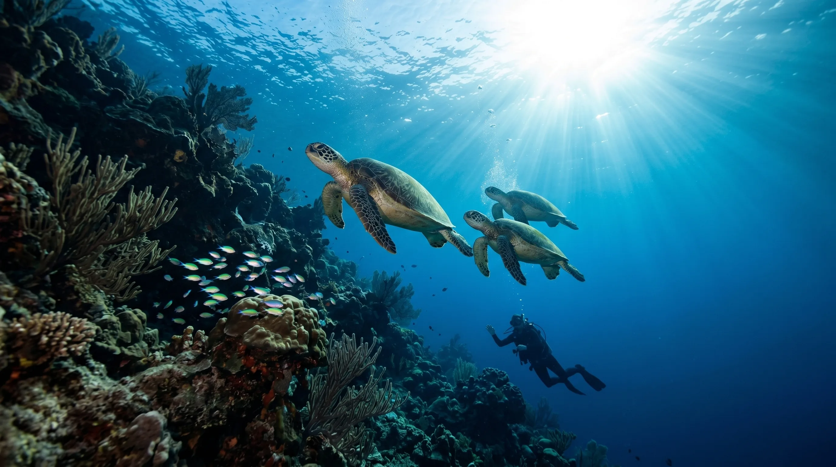Scuba diver with sea turtles underwater Anilao